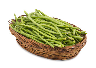 Green Beans in Basket Also Called Snap Beans or String Beans isolated on White Background