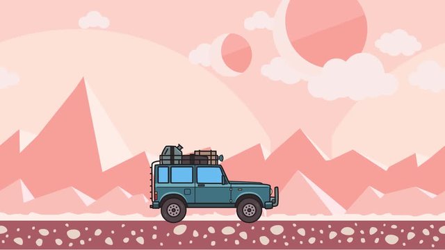 Animated SUV car with luggage on the roof trunk riding through extraterrestrial desert landscape. Moving off-road vehicle on pink mountain desert background. Flat animation