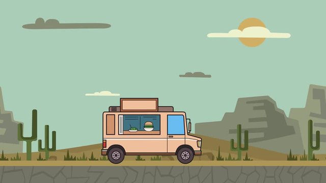 Animated food truck riding through canyon desert. Moving vehicle on landscape background. Flat animation
