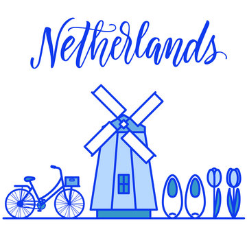 Netherlands illustration with windmill, bicycle, clomps and tulips.