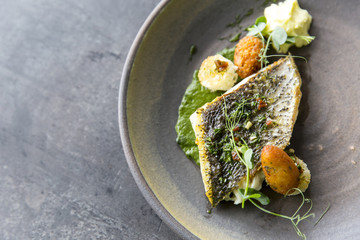 Plate with tasty fish steak on grey background
