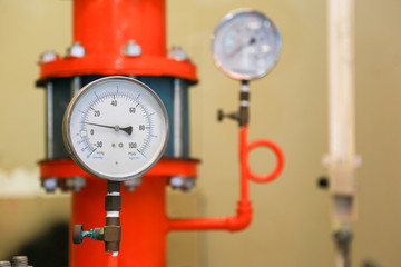 pressure gauge psi meter in pipe and valves of fire emergency system industry.