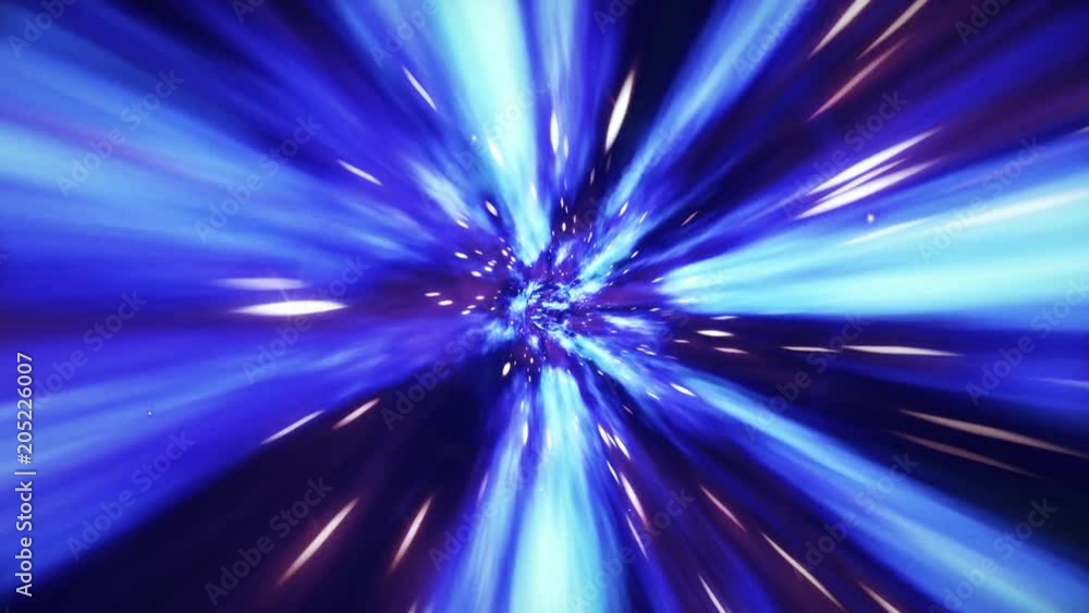 Wall mural seamless loop of interstellar travel through a blue wormhole filled with stars. space journey throug