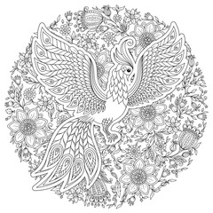 Fototapeta na wymiar Firebird for anti stress Coloring Page with high details.