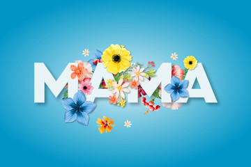 Dzień Matki 26 Maja - duży napis MAMA z motywm kwiatowym - obrazy, fototapety, plakaty