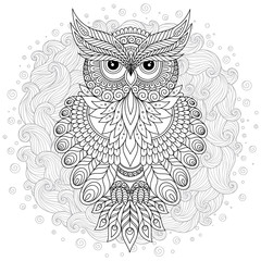  Coloring page with cute owl and floral frame.