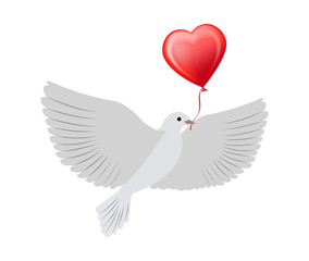 Dove Flying with Heart Balloon Vector Illustration