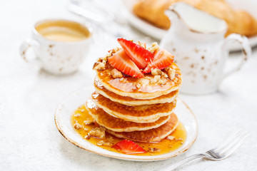 Traditional Breakfast with freshly baked pancakes and coffee