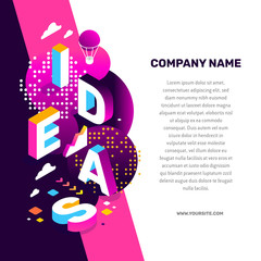 Creative idea concept. Vector creative abstract illustration of 3d ideas word lettering typography with decor element, text on color background.