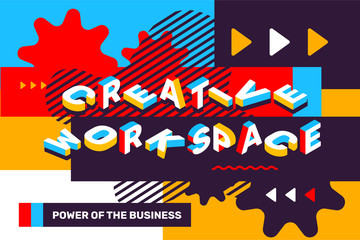 Creative workplace concept on bright colorful background with abstract element. Isometric template design for banner.