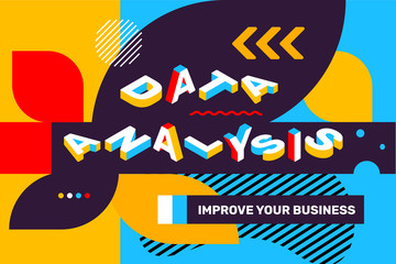 Vector creative horizontal illustration of 3d word lettering typography with futuristic business title. Data analysis concept on bright colorful background with abstract element.