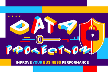 Data protection concept on bright colorful background with shield. Vector creative horizontal illustration of 3d word lettering typography with futuristic business title.