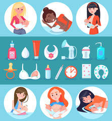 Breastfeeding and Children Set Vector Illustration