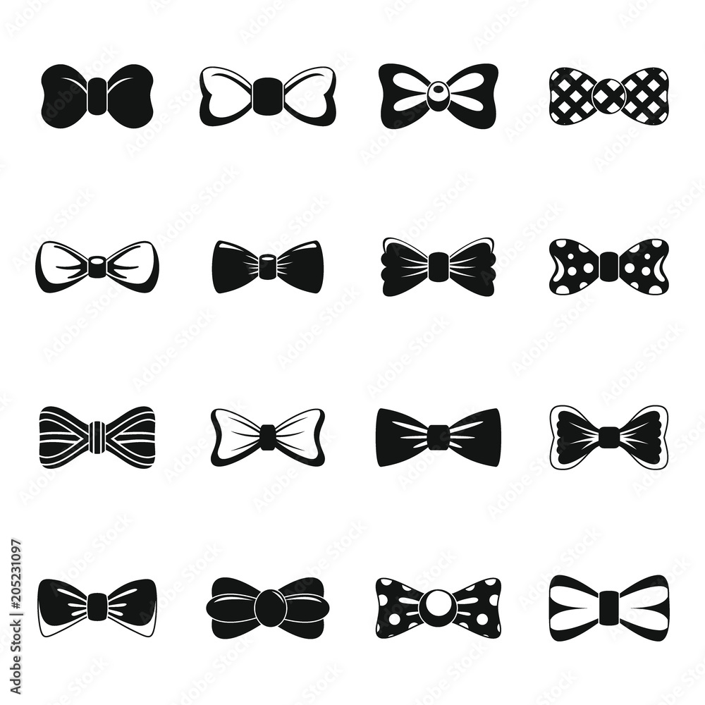 Poster bowtie ribbon man tuxedo icons set. simple illustration of 16 bowtie ribbon man tuxedo vector icons 