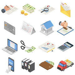 Taxes accounting money icons set. Isometric illustration of 16 taxes accounting money vector icons for web
