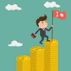 Business man with winners flag standing on the pile of coins - vector illustration