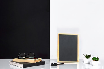 Interior room decoration american or scandinavian style with books, succulent in the pot. Poster with place for text