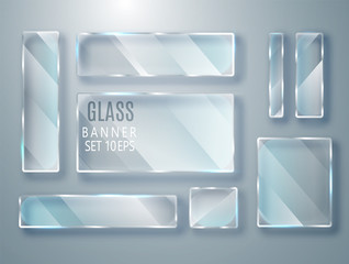 Glass transparent plates set. Vector glass modern banners isolated on transparent background. Flat glass. Realistic 3D design. Vector transparent object 10 eps.