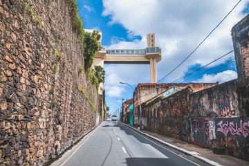 View of Lacerda Elevator and All Saints Bay (Baia de Todos os Santos) in Salvador, Bahia, Brazil.