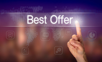A hand selecting a Best Offer business concept on a clear screen with a colorful blurred background.