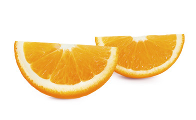 Sliced orange fruit segments isolated on white background