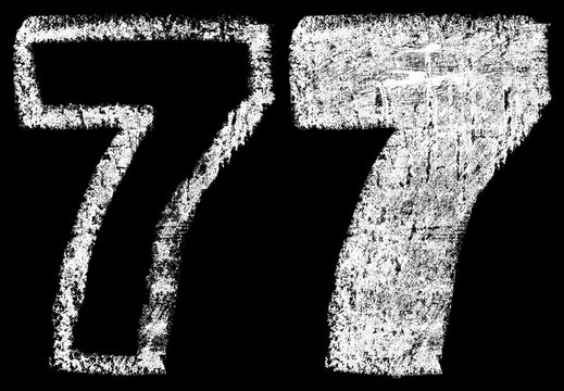 handwritten white chalk arabic number 7 isolated on black background, hand-drawn chalk numerals, stock illustration