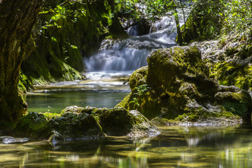 Waterfalls at the source of the Huveaune river, in Provence