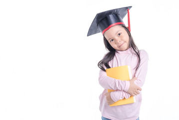 Happy Asian school kid graduate in graduation cap