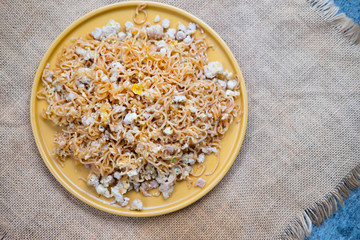 Stir fried instant noodle with minced pork and egg