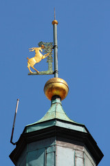 Coat of arms of Lublin, Poland. Golden goat and vines on the Town Hall tower. © aquatarkus