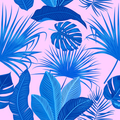 Tropical seamless pattern with exotic palm leaves.