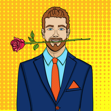 Pop art man, businessman with a rose in his teeth. Imitation comic style, vector