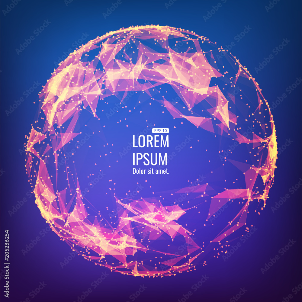 Poster abstract 3d illuminated distorted mesh sphere . neon sign . futuristic technology hud element . eleg