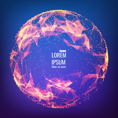 Abstract 3d Illuminated distorted Mesh Sphere . Neon Sign . Futuristic Technology HUD Element . Elegant Destroyed . Big data visualization .