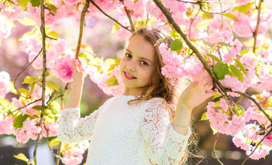Girl on smiling face standing between sakura branches with flowers, defocused. Girl with long hair...