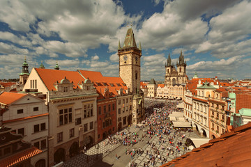 PRAGUE, BOHEMIA, CZECH REPUBLIC - View of the Old Town, Old Town Square, the Church of the Virgin Mary before the Tyn (Tyn Church), Orloj