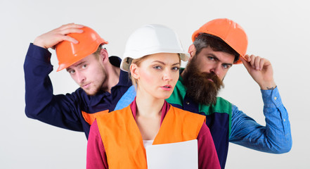 Team of architects, builders, labourers, isolated white background