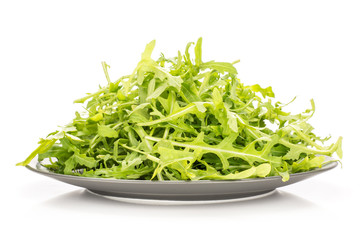 Fresh arugula leaves stack on a grey ceramic plate isolated on white background.
