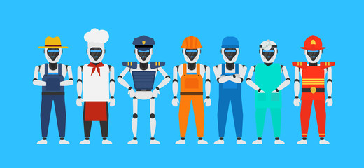 robots humanoid profession set.farmer chef policeman builder mechanic doctor fireman