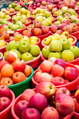 Bright colored apples in buckets