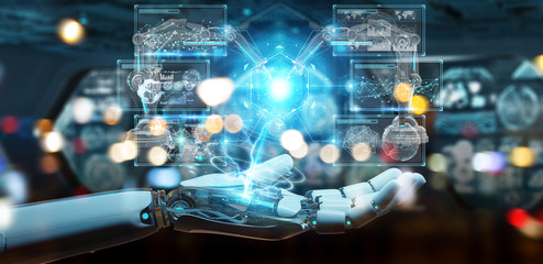 White robot hand using robotics arms with digital screen 3D rendering