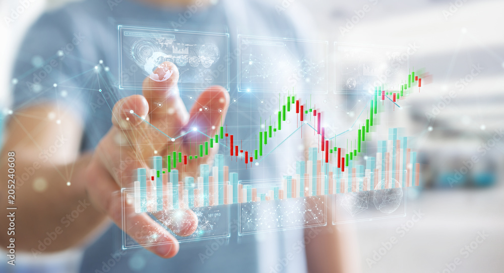 Aufkleber Businessman using 3D rendering stock exchange datas and charts