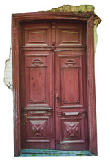 old vintage skewed wooden door with fragments of plaster on an isolated white background