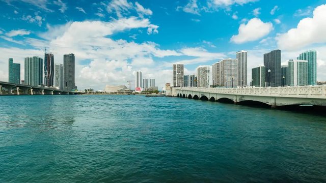 Time lapse video of the downtown Miami skyline viewed from Biscayne Bay along the Venetian Causeway.
