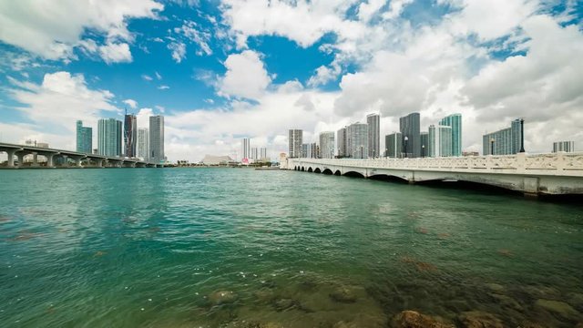 Time lapse video of the downtown Miami skyline viewed from Biscayne Bay along the Venetian Causeway.