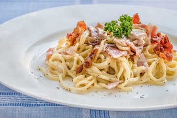 Spaghetti carbonara on dish