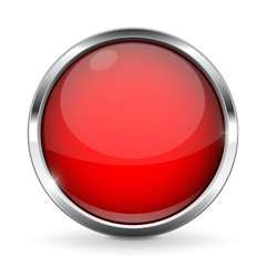 Red button with chrome frame. Round glass shiny 3d icon
