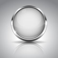 White button with chrome frame. Round glass shiny 3d icon on gray background