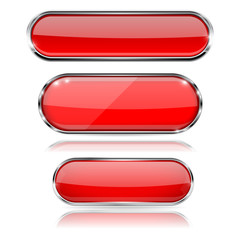 Red glass 3d buttons with chrome frame. Oval icons