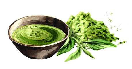 Organic green Matcha tea with green tea leaves and matcha powder. Watercolor hand drawn illustration,  isolated on white background